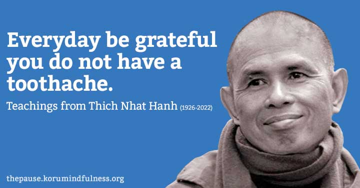 Image of Thich Nhat Hanh smiling with words "Everyday be grateful you do not have a toothache. Teachings from Thich Nhat Hanh"